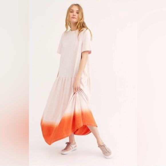 Free People Pink Orange Ombré Dip Dye Short Sleeve Slouchy Maxi Dress Medium - Picture 13 of 13